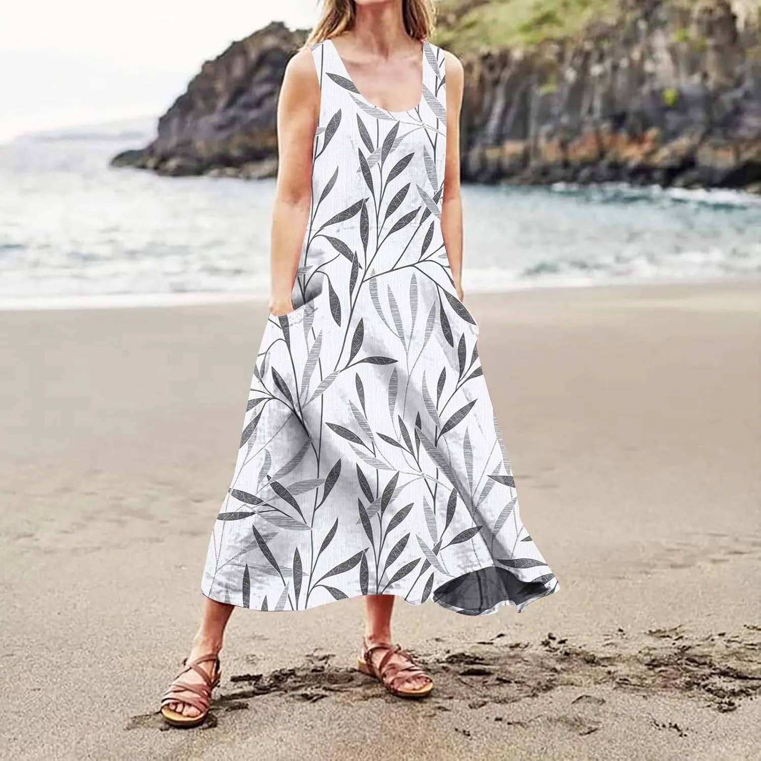Womens Casual Summer Dresses 2024 Sleeveless Sundress Floral Printed Beach Long Dresses Tank Dress with Pockets