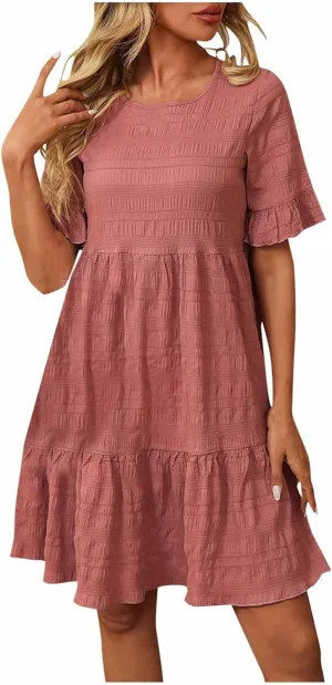 Women's Casual Tiered Dress Crew Neck Ruffle Short Sleeve Knee Length Sundress Swing Mini A-Line Dresses