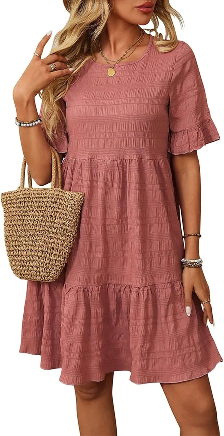 Women's Casual Tiered Dress Crew Neck Ruffle Short Sleeve Knee Length Sundress Swing Mini A-Line Dresses