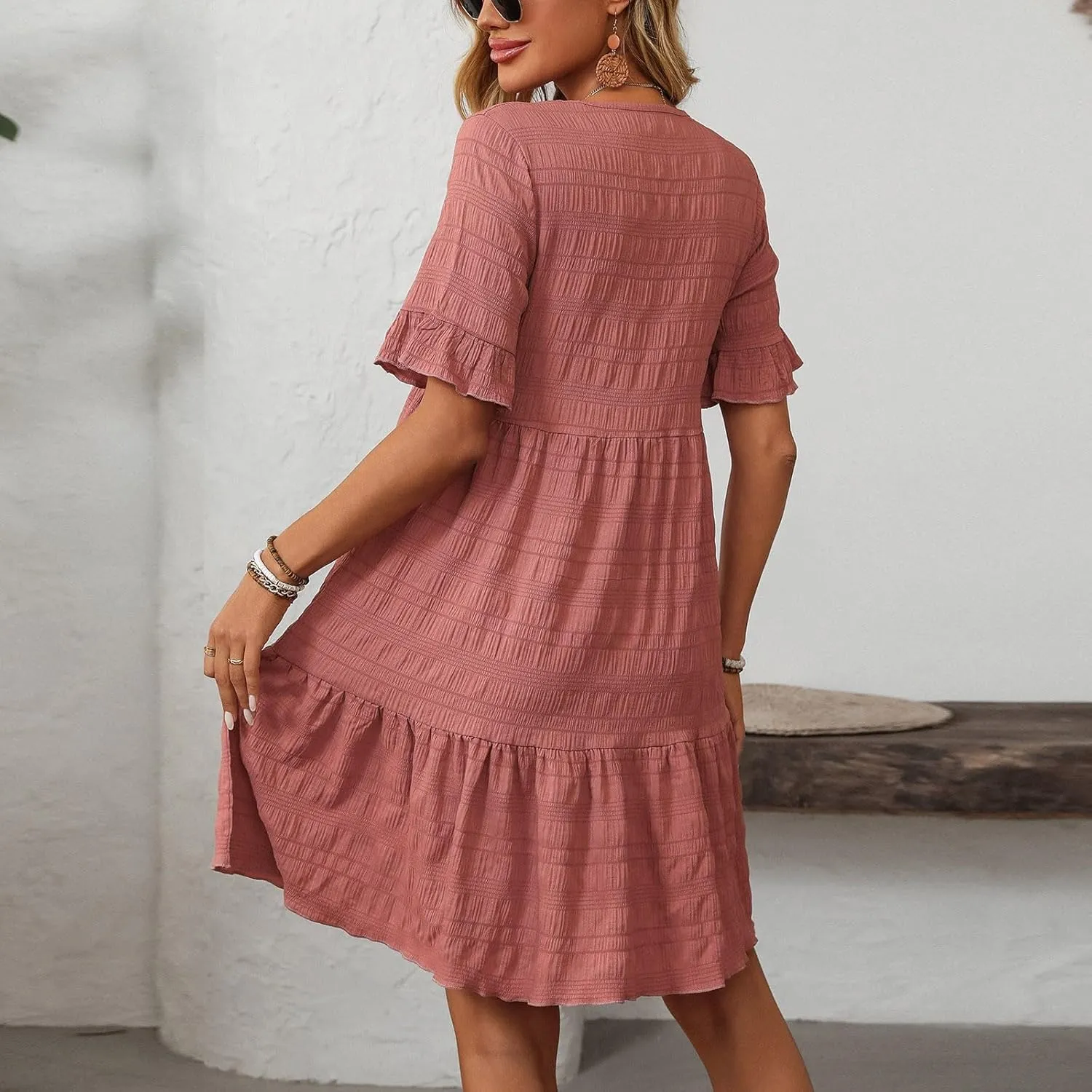 Women's Casual Tiered Dress Crew Neck Ruffle Short Sleeve Knee Length Sundress Swing Mini A-Line Dresses