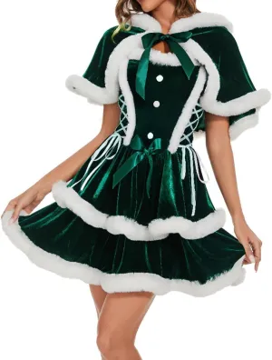 Women's Christmas Dress Skirt and Hooded Cloak Match Christmas Velvet Shawl Cloak Cape Mrs Santa Claus Cape Robe Costume