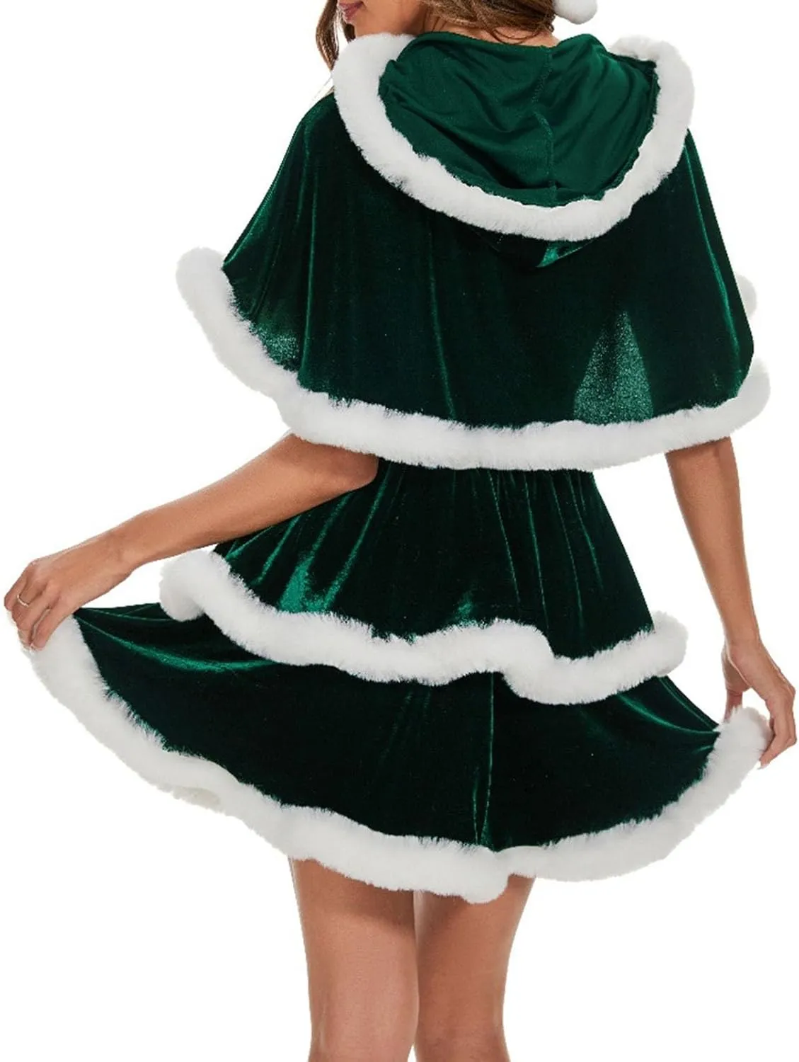 Women's Christmas Dress Skirt and Hooded Cloak Match Christmas Velvet Shawl Cloak Cape Mrs Santa Claus Cape Robe Costume