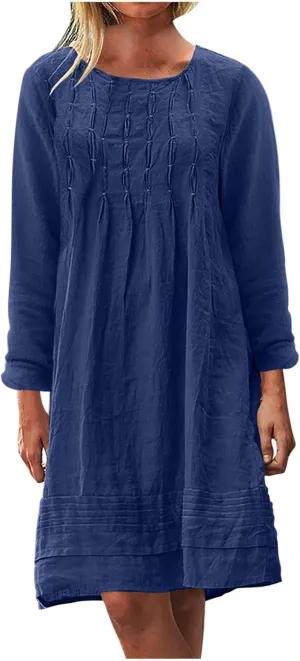 Womens Cotton Linen Dresses Spring Plain Long Sleeve Knee-Length Dress Boho Plus Size Ruched Loose Fit Midi Sundress