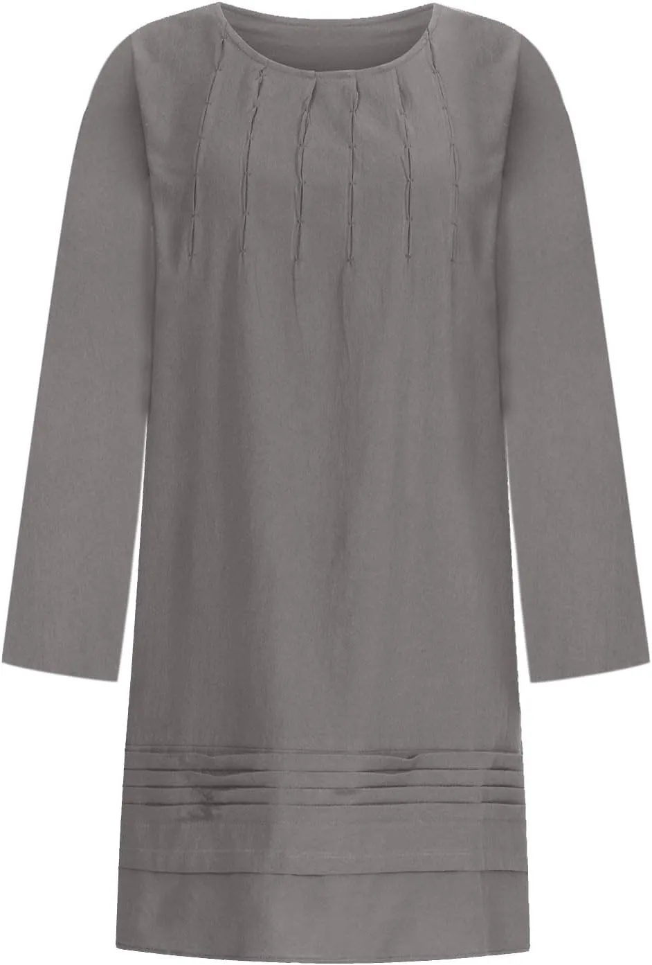 Womens Cotton Linen Dresses Spring Plain Long Sleeve Knee-Length Dress Boho Plus Size Ruched Loose Fit Midi Sundress
