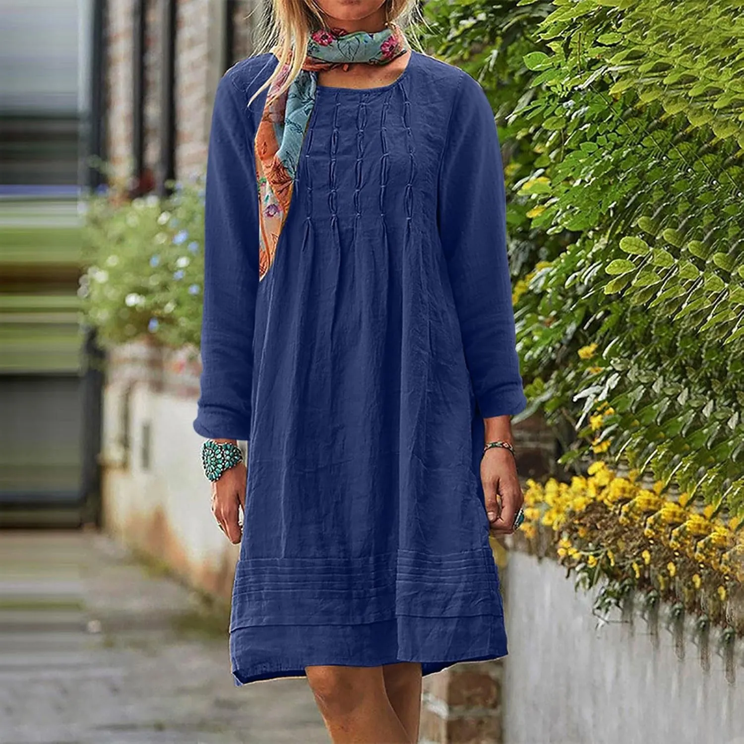 Womens Cotton Linen Dresses Spring Plain Long Sleeve Knee-Length Dress Boho Plus Size Ruched Loose Fit Midi Sundress