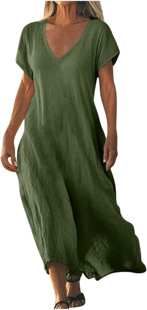 Womens Cotton Linen Maxi Dresses Solid Loose Long Dress Casual V Neck Beach Sundress Short Sleeve Swimwear Cover Ups