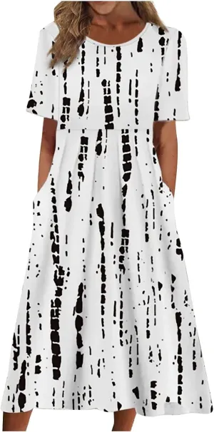 Women's Dress Summer Round Neck Short Sleeve 2024 Loose Casual Swing Dresses with Pockets, S-3XL