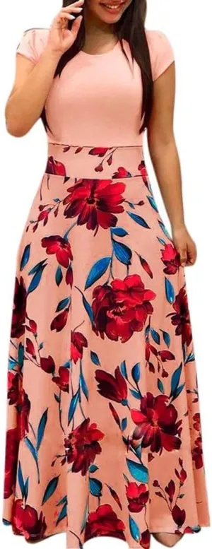 Women's Dresses Summer Casual Trendy Dress Short Sleeve Round Neck Polka Dot Floral Print Boho Maxi Dresses, S-5XL