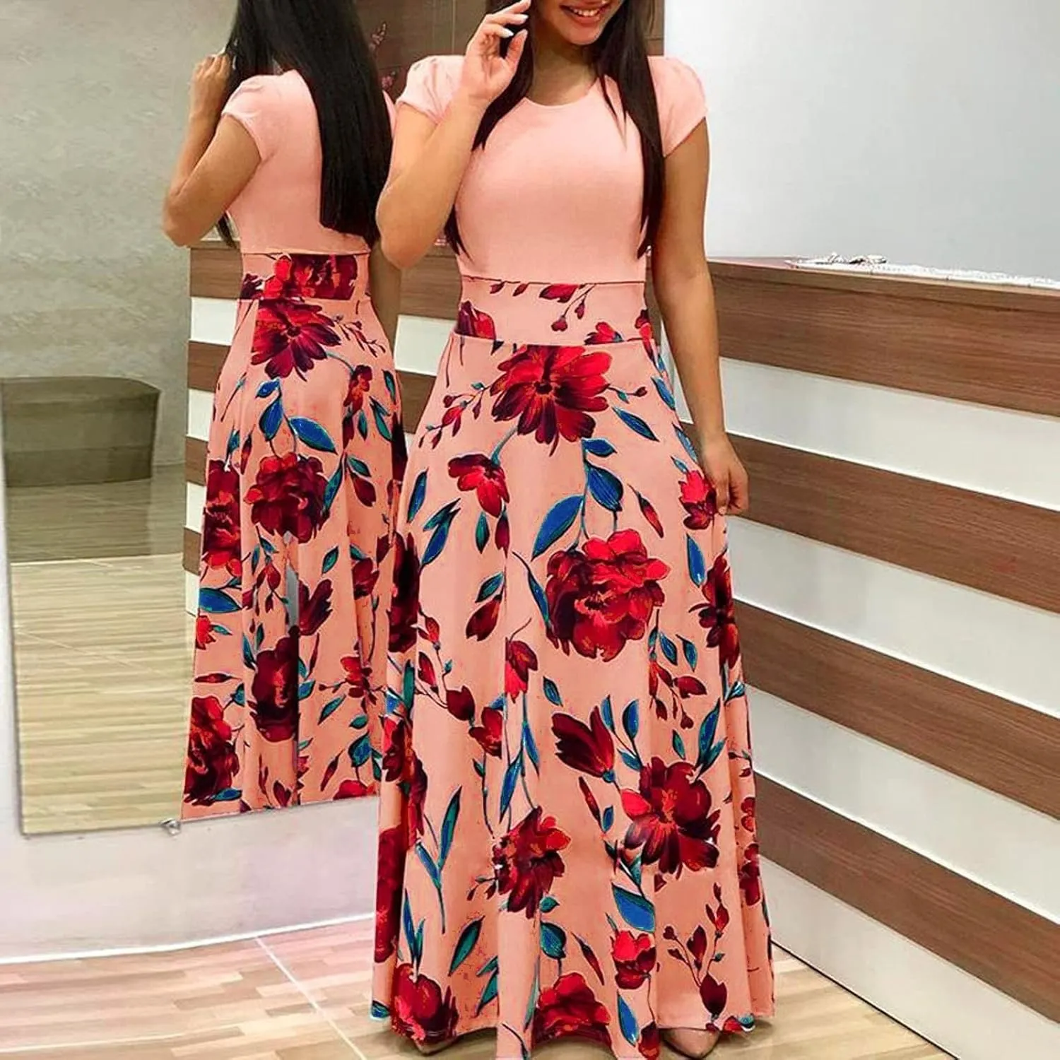 Women's Dresses Summer Casual Trendy Dress Short Sleeve Round Neck Polka Dot Floral Print Boho Maxi Dresses, S-5XL