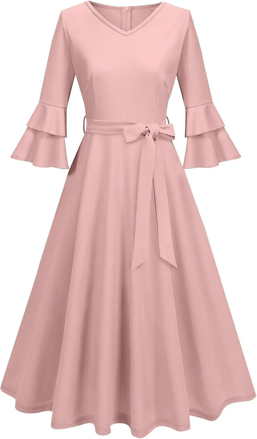 Women's Elegant V-Neck 3/4 Sleeve Dress Solid Drawstring Prom Party Cocktail Wedding Dresses Plus, S-3XL