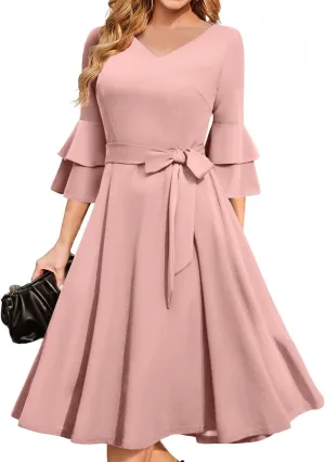 Women's Elegant V-Neck 3/4 Sleeve Dress Solid Drawstring Prom Party Cocktail Wedding Dresses Plus, S-3XL