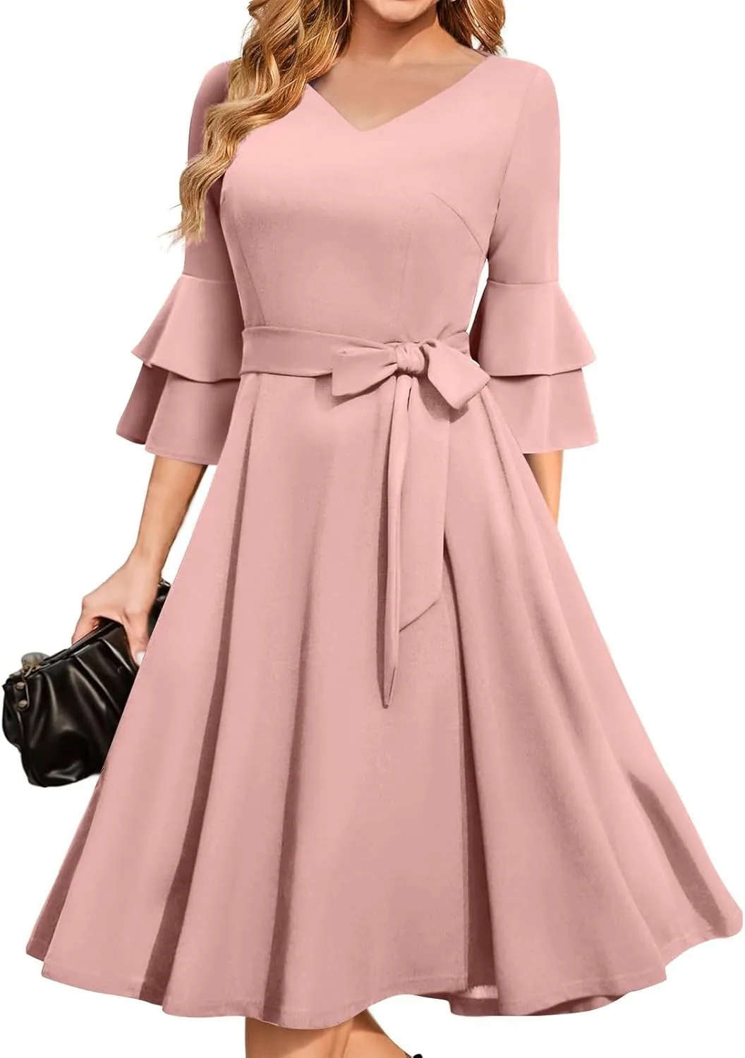 Women's Elegant V-Neck 3/4 Sleeve Dress Solid Drawstring Prom Party Cocktail Wedding Dresses Plus, S-3XL