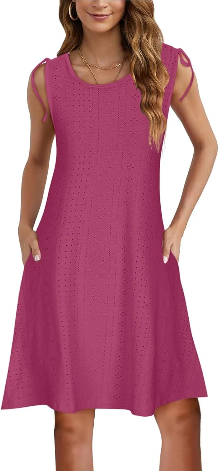 Womens Eyelet Dress Trendy Crew Neck Sleeveless Solid Dresses with Pockets 2025 Hollow Out Comfy Beach Midi Dress