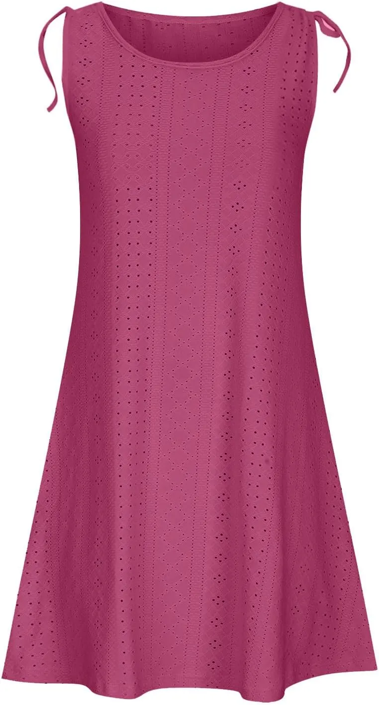Womens Eyelet Dress Trendy Crew Neck Sleeveless Solid Dresses with Pockets 2025 Hollow Out Comfy Beach Midi Dress