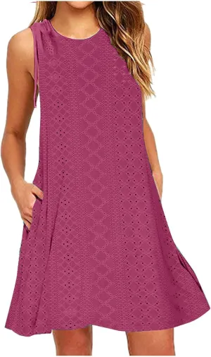 Womens Eyelet Dress Trendy Crew Neck Sleeveless Solid Dresses with Pockets 2025 Hollow Out Comfy Beach Midi Dress