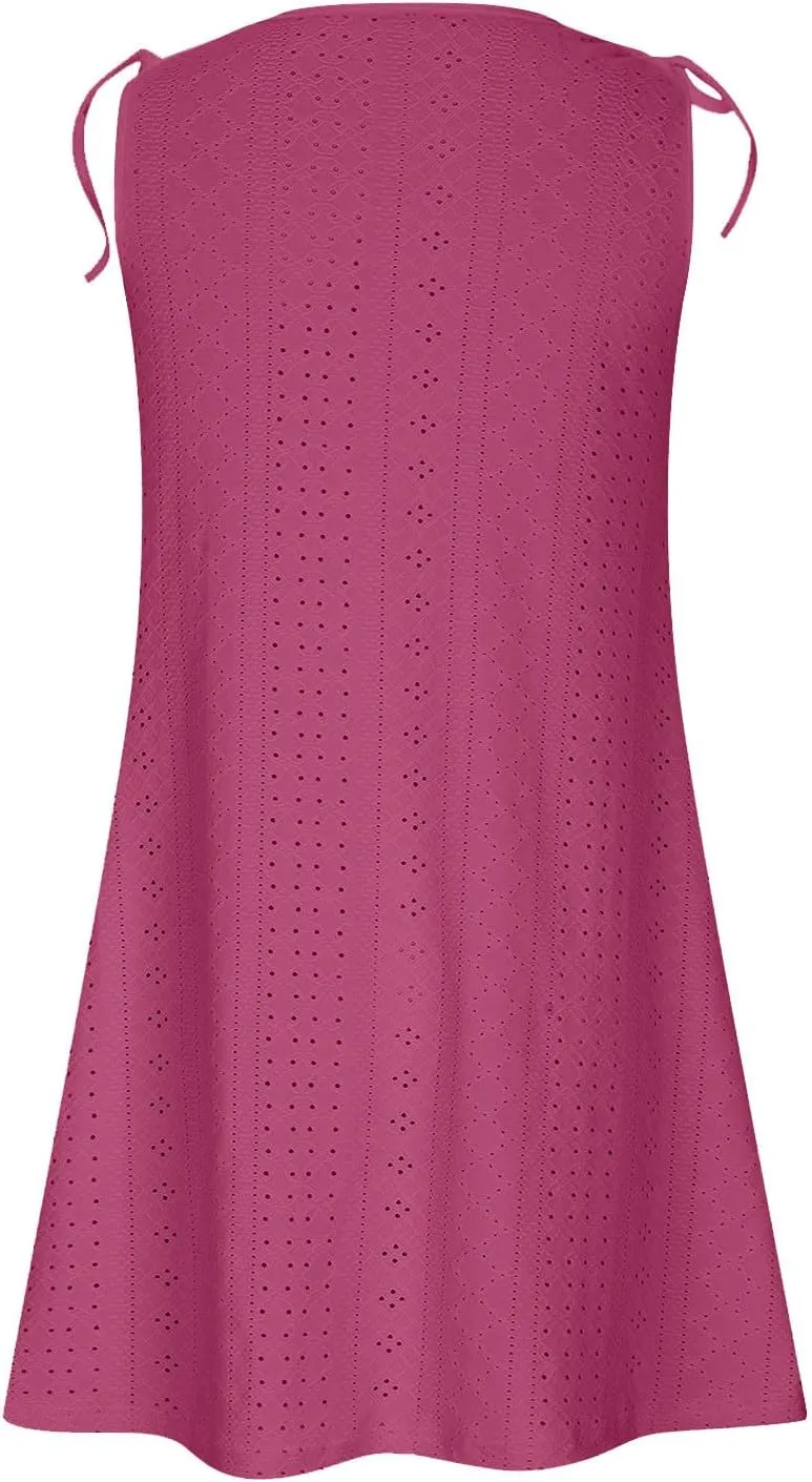 Womens Eyelet Dress Trendy Crew Neck Sleeveless Solid Dresses with Pockets 2025 Hollow Out Comfy Beach Midi Dress