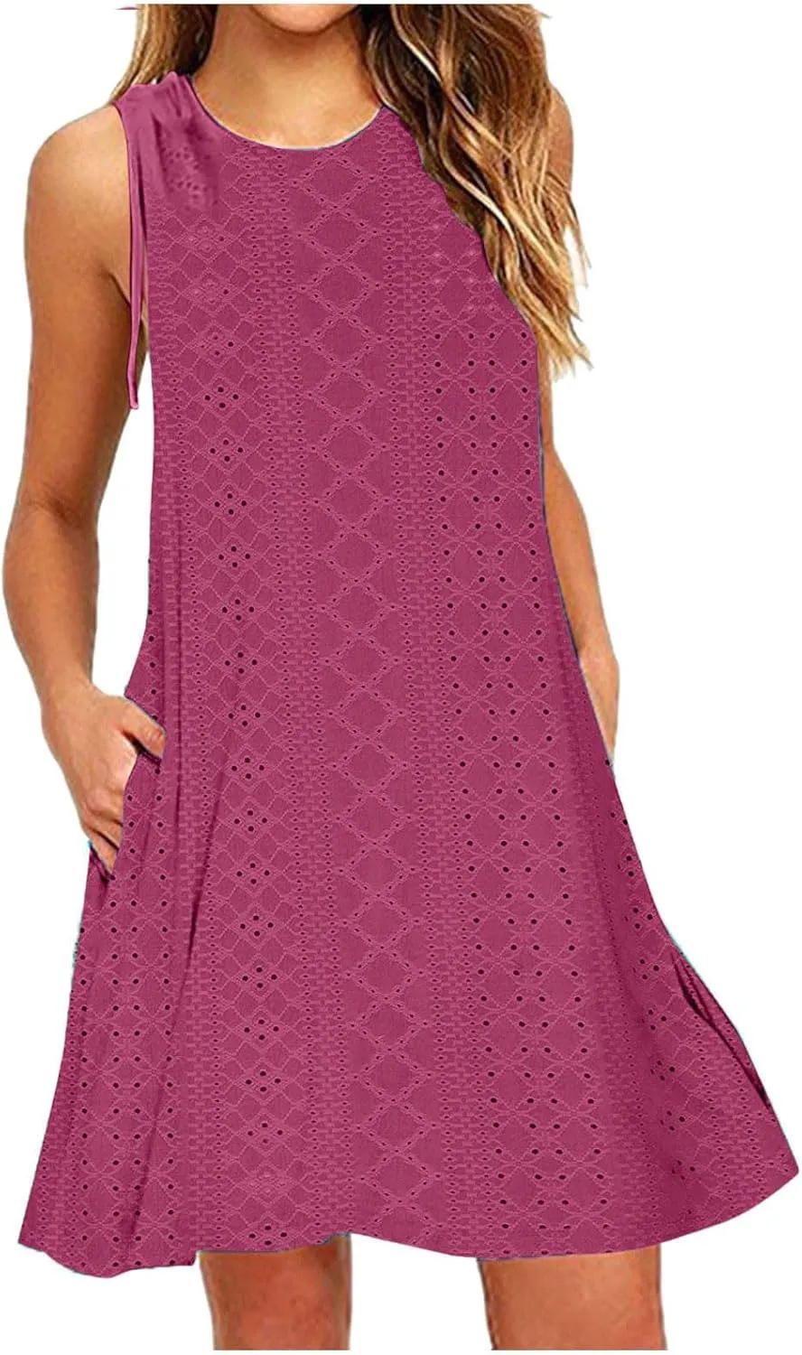Womens Eyelet Dress Trendy Crew Neck Sleeveless Solid Dresses with Pockets 2025 Hollow Out Comfy Beach Midi Dress