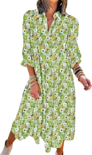 Women's Floral Maxi Dress Summer Boho V Neck Half Sleeve Ruffle Dresses A Line Flowy Beach Party Midi Dresses