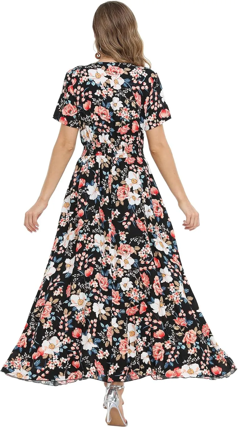 Women's Floral Maxi Dresses Casual Long Summer Boho Beach Dress Short Sleeve Button Up Split Party Dress