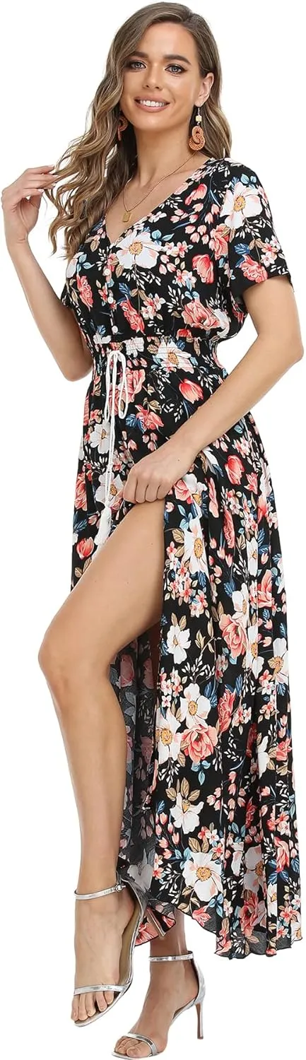 Women's Floral Maxi Dresses Casual Long Summer Boho Beach Dress Short Sleeve Button Up Split Party Dress