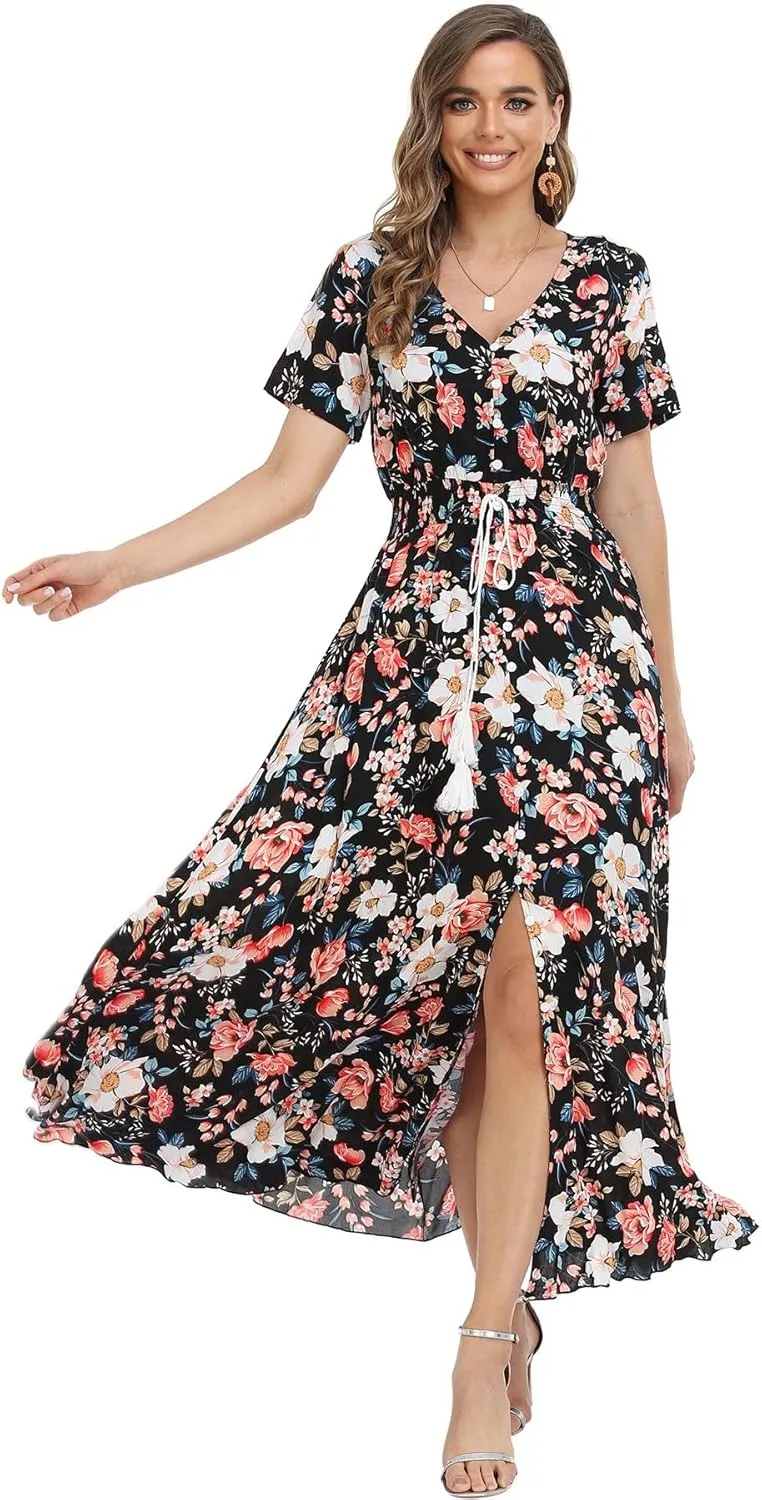 Women's Floral Maxi Dresses Casual Long Summer Boho Beach Dress Short Sleeve Button Up Split Party Dress