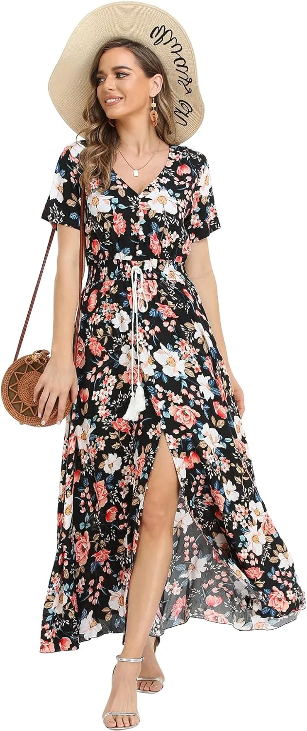 Women's Floral Maxi Dresses Casual Long Summer Boho Beach Dress Short Sleeve Button Up Split Party Dress