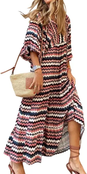 Womens Floral Maxi Dresses V-Neck Puff Sleeve French Long Dress Oversized Trendy Flowy Summer Dresses for Women 2024