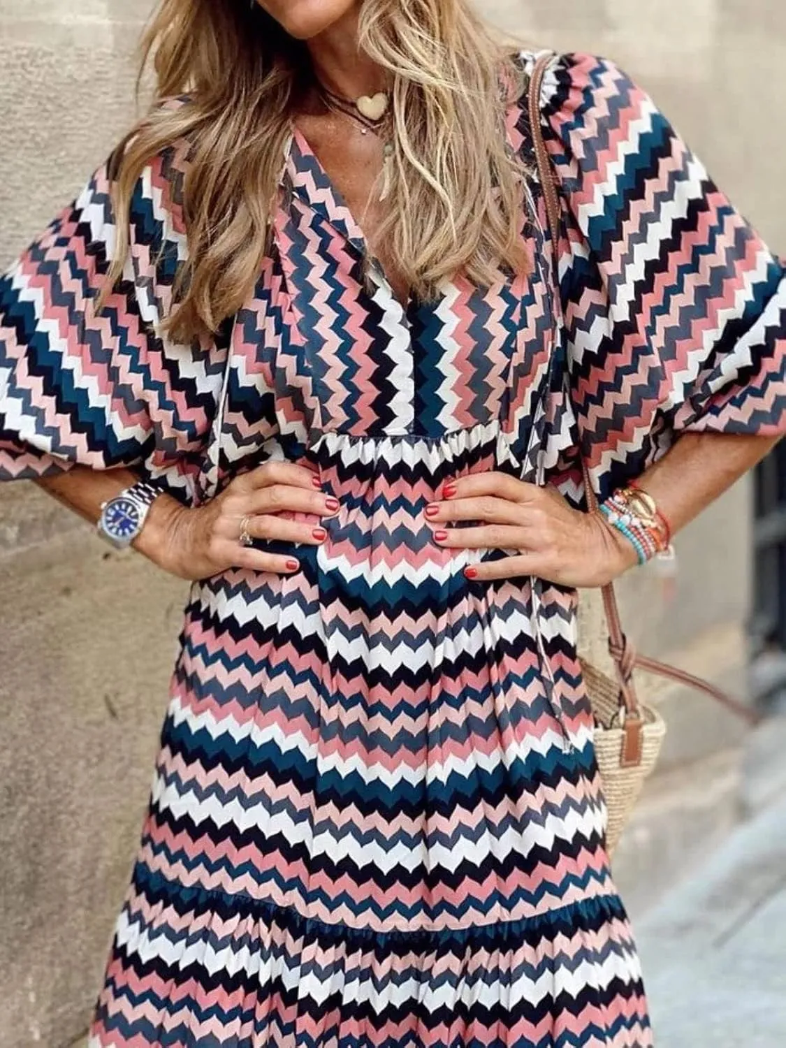 Womens Floral Maxi Dresses V-Neck Puff Sleeve French Long Dress Oversized Trendy Flowy Summer Dresses for Women 2024