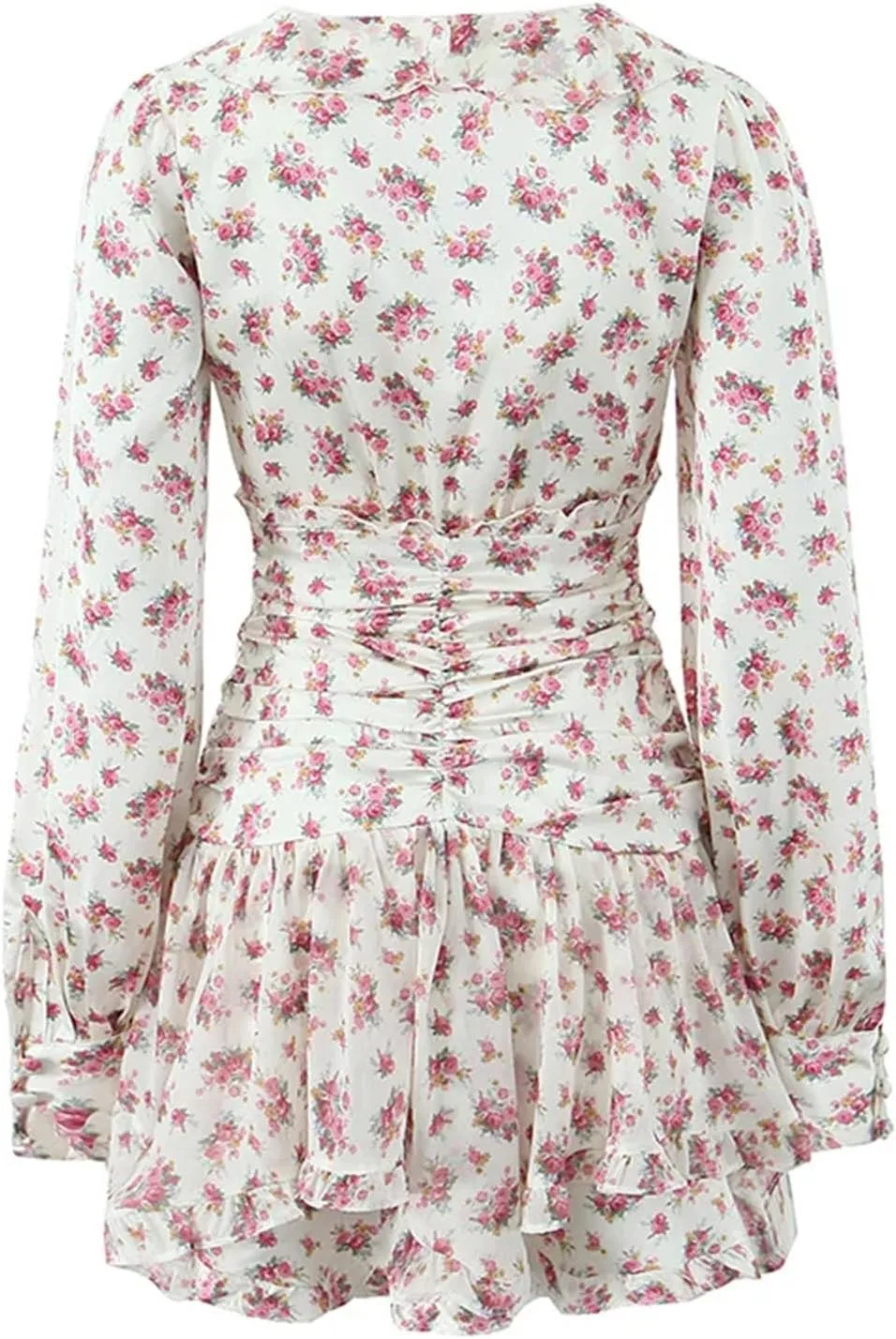Women's Floral Print Ruffle Mini Dress Front Button Long Sleeve V Neck A-Line Dresses
