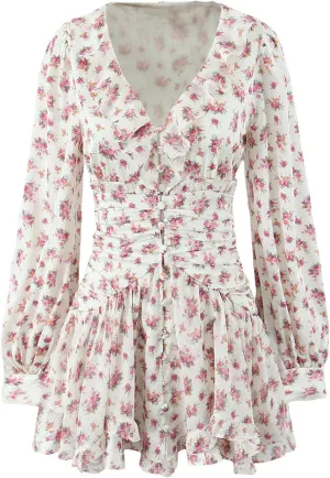 Women's Floral Print Ruffle Mini Dress Front Button Long Sleeve V Neck A-Line Dresses