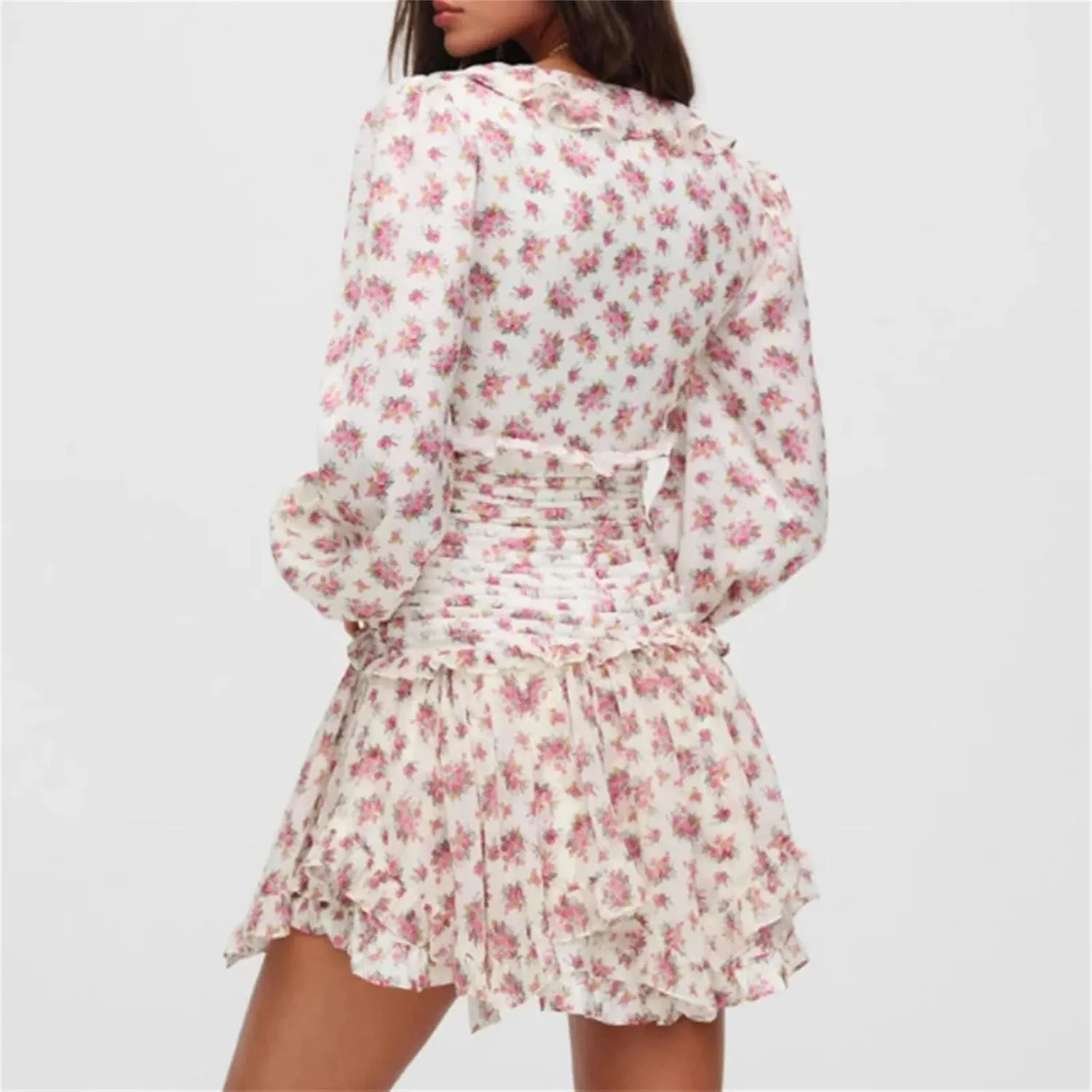 Women's Floral Print Ruffle Mini Dress Front Button Long Sleeve V Neck A-Line Dresses