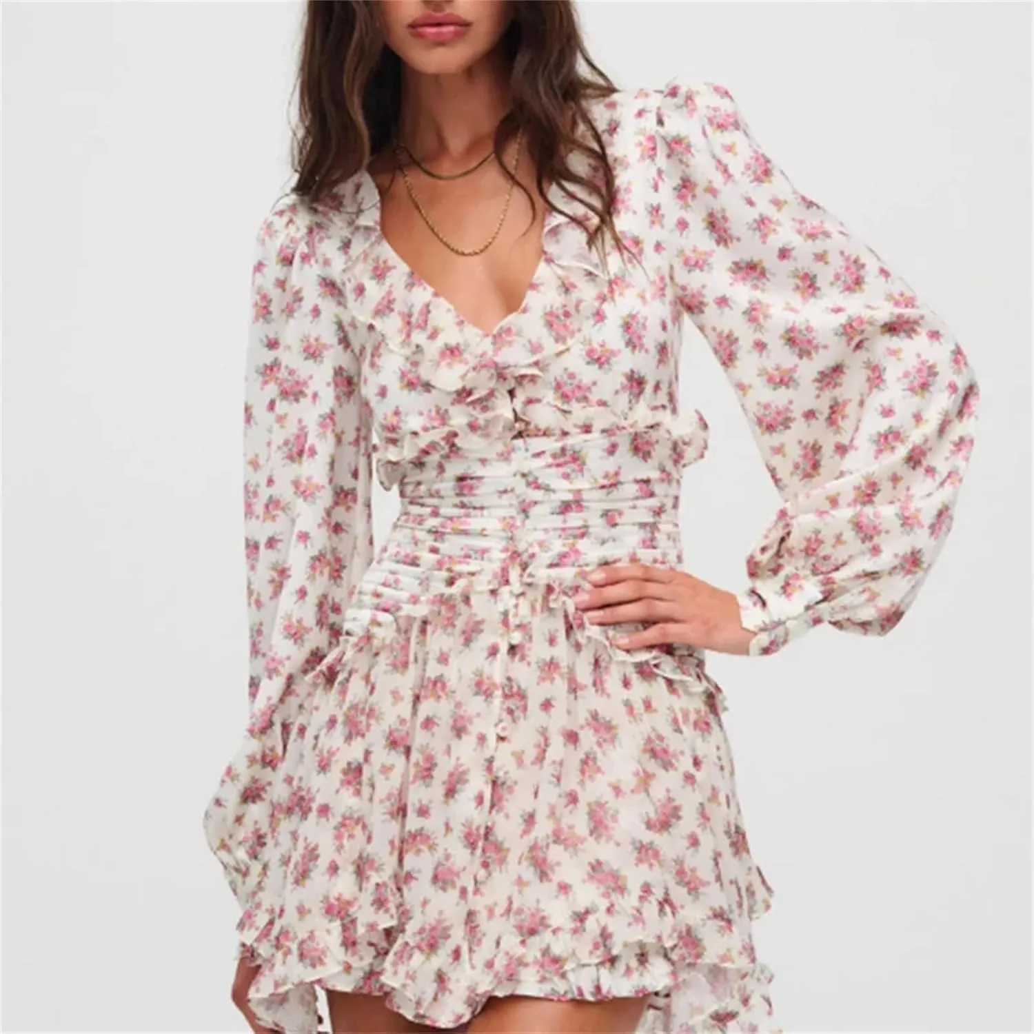 Women's Floral Print Ruffle Mini Dress Front Button Long Sleeve V Neck A-Line Dresses