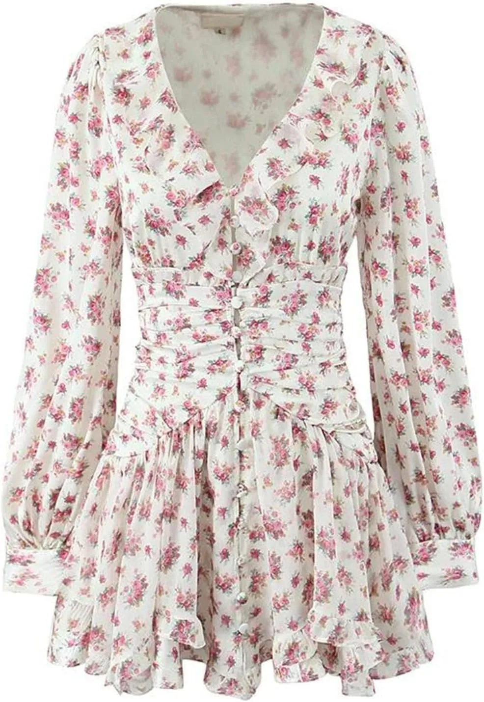 Women's Floral Print Ruffle Mini Dress Front Button Long Sleeve V Neck A-Line Dresses