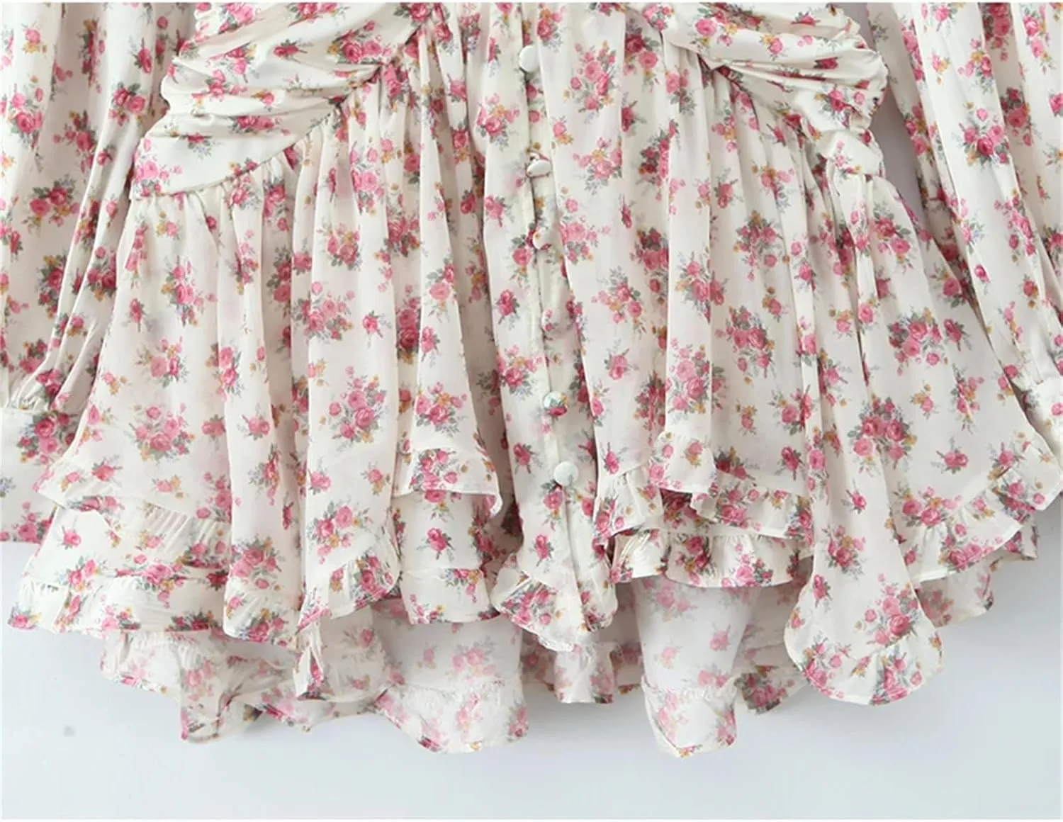 Women's Floral Print Ruffle Mini Dress Front Button Long Sleeve V Neck A-Line Dresses