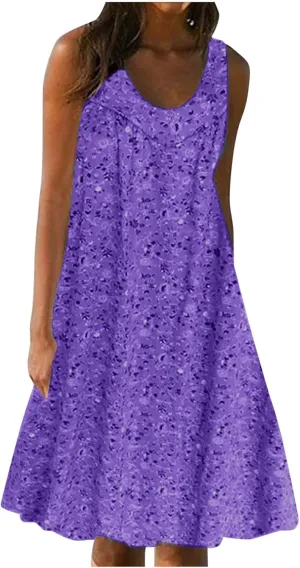 Women's Floral Sleeveless Dress Casual Loose Fit Summer Boho Sundress Flowy A-Line Dresses