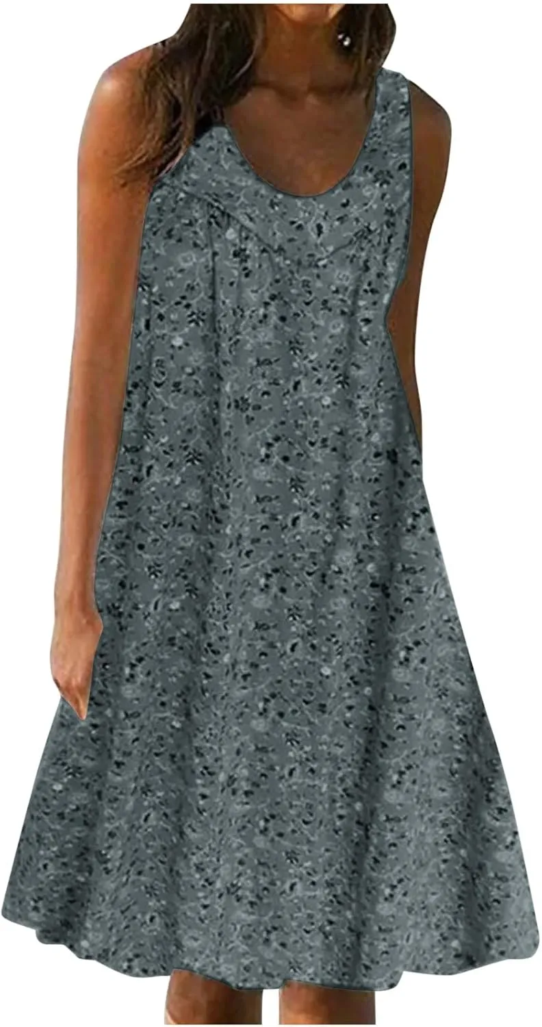 Women's Floral Sleeveless Dress Casual Loose Fit Summer Boho Sundress Flowy A-Line Dresses