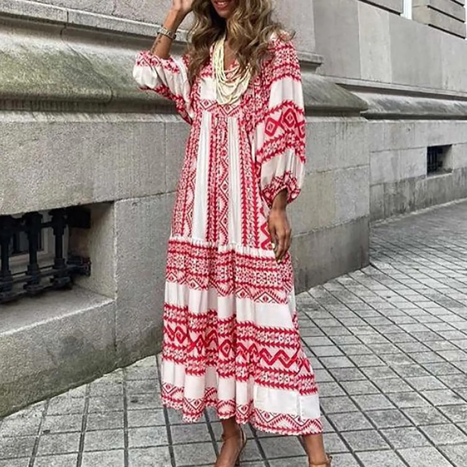 Womens Flowy Oversized Baggy Boho Floral Maxi Dresses V Neck Puff Sleeve Long Dress Casual Swing Sundress