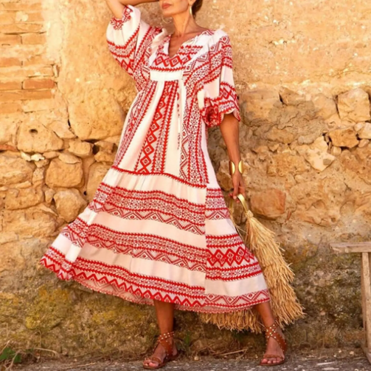 Womens Flowy Oversized Baggy Boho Floral Maxi Dresses V Neck Puff Sleeve Long Dress Casual Swing Sundress