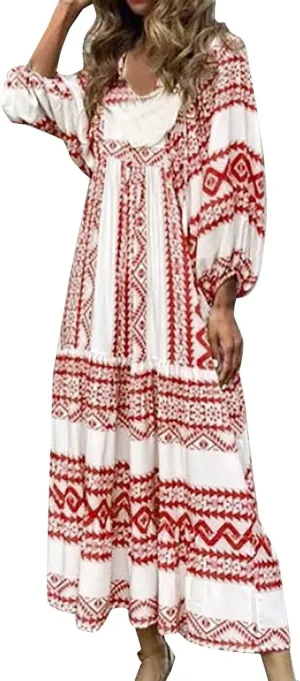 Womens Flowy Oversized Baggy Boho Floral Maxi Dresses V Neck Puff Sleeve Long Dress Casual Swing Sundress