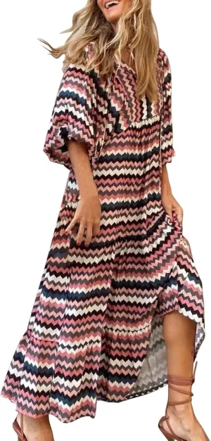 Womens Flowy Oversized Baggy Boho Floral Maxi Dresses V Neck Puff Sleeve Long Dress Casual Swing Sundress