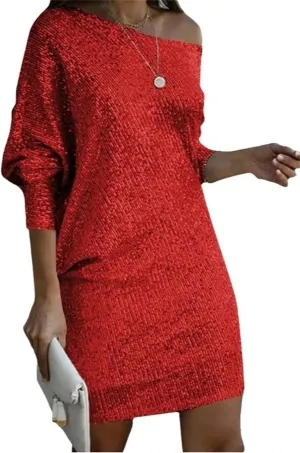 Women's Glitter Sequin Dress Loose Sparkly Sequin Party Club Dresses V Neck Short Sleeve Swing Midi Dress