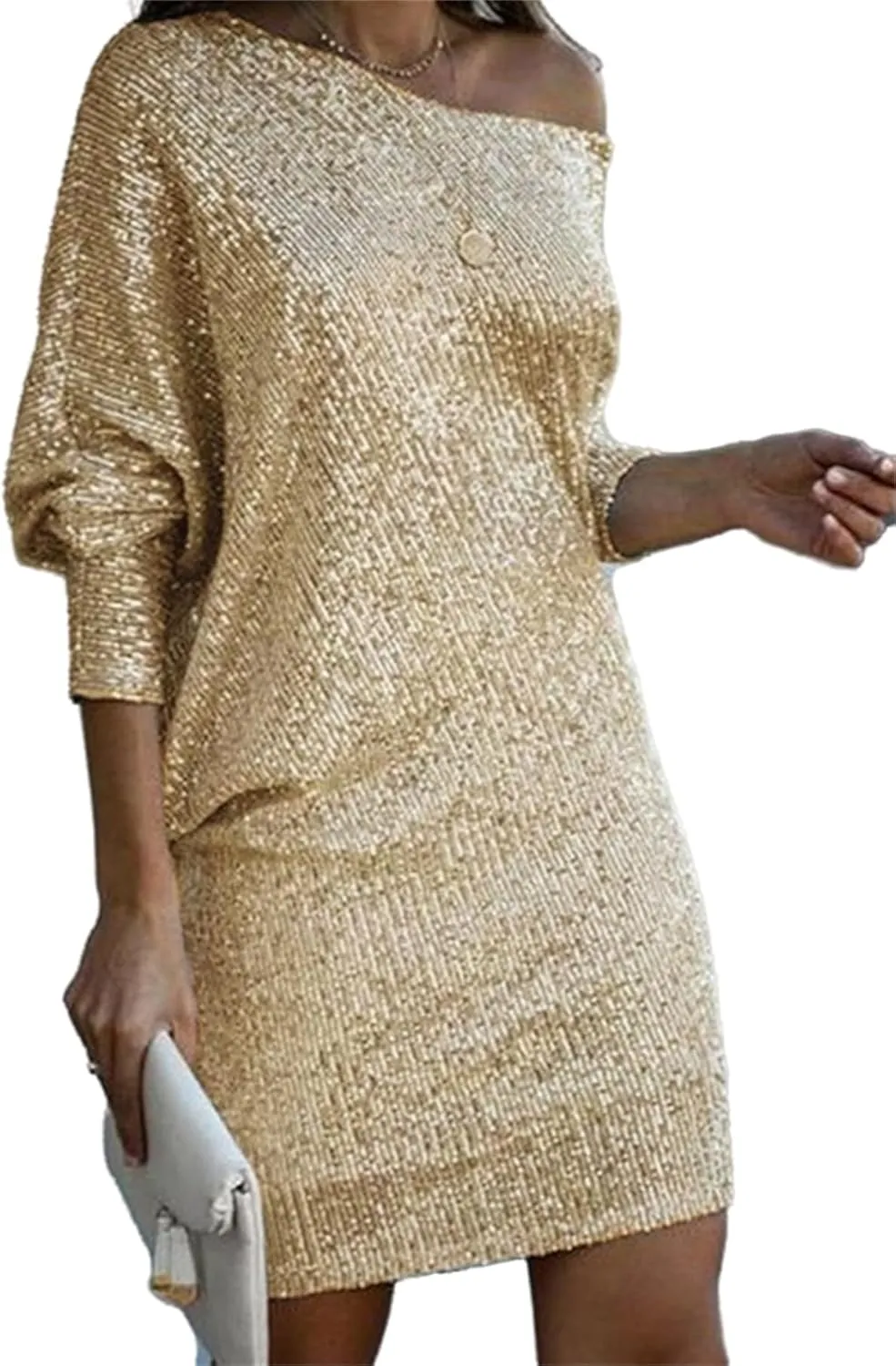 Women's Glitter Sequin Dress Loose Sparkly Sequin Party Club Dresses V Neck Short Sleeve Swing Midi Dress