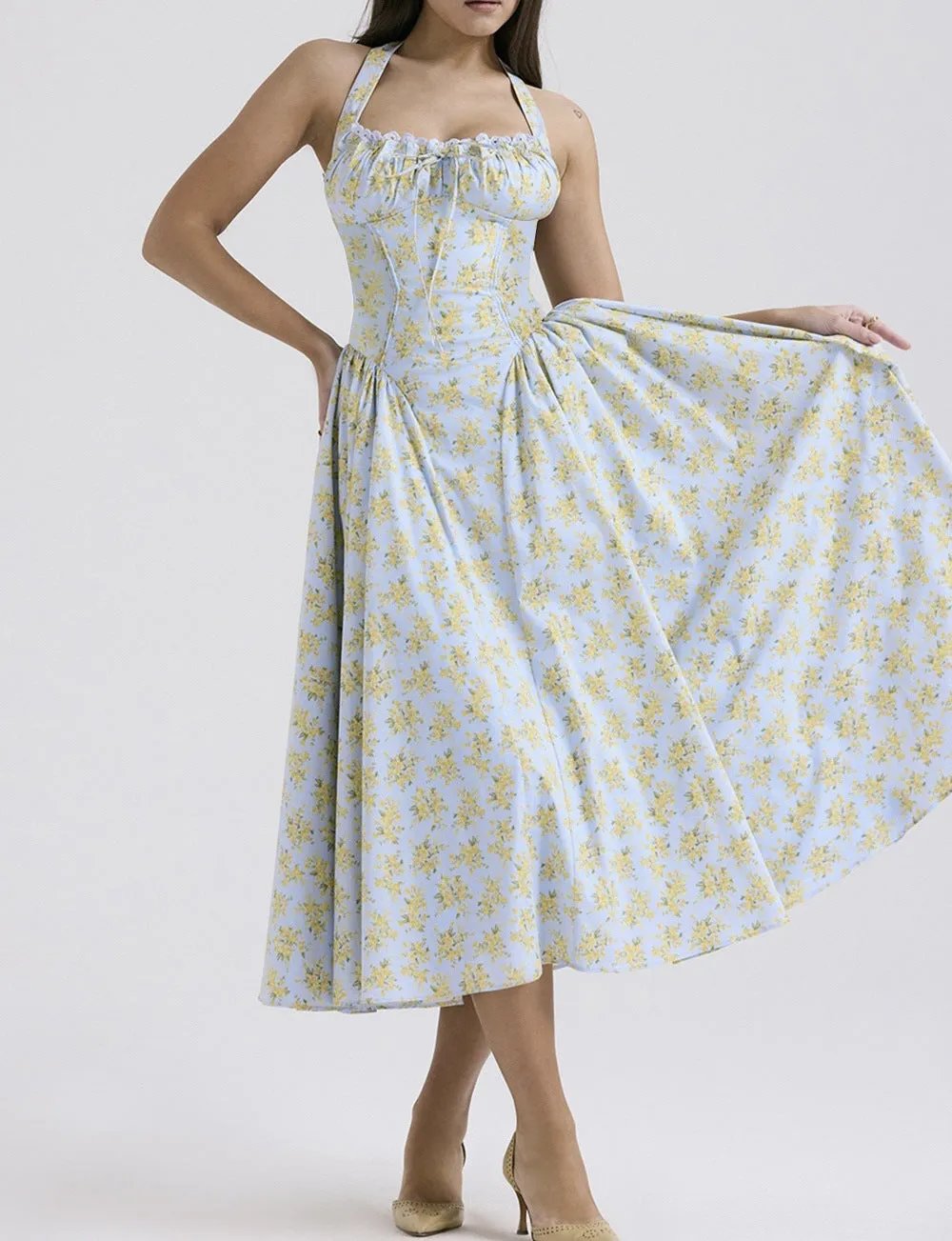 Womens Halter Neck Dress  Slim Fit  Gathered Bodice  Backless  Midi Flared Skirt