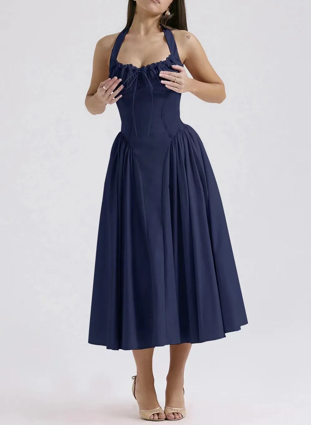 Womens Halter Neck Dress  Slim Fit  Gathered Bodice  Backless  Midi Flared Skirt