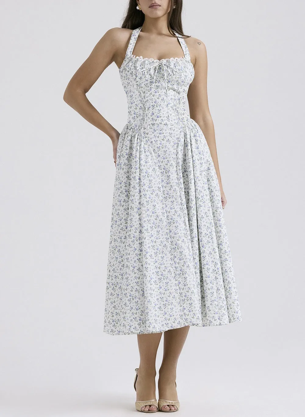 Womens Halter Neck Dress  Slim Fit  Gathered Bodice  Backless  Midi Flared Skirt