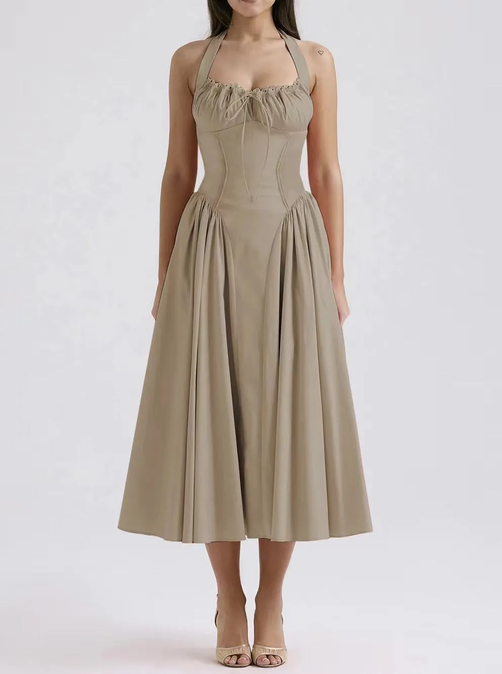 Womens Halter Neck Dress  Slim Fit  Gathered Bodice  Backless  Midi Flared Skirt