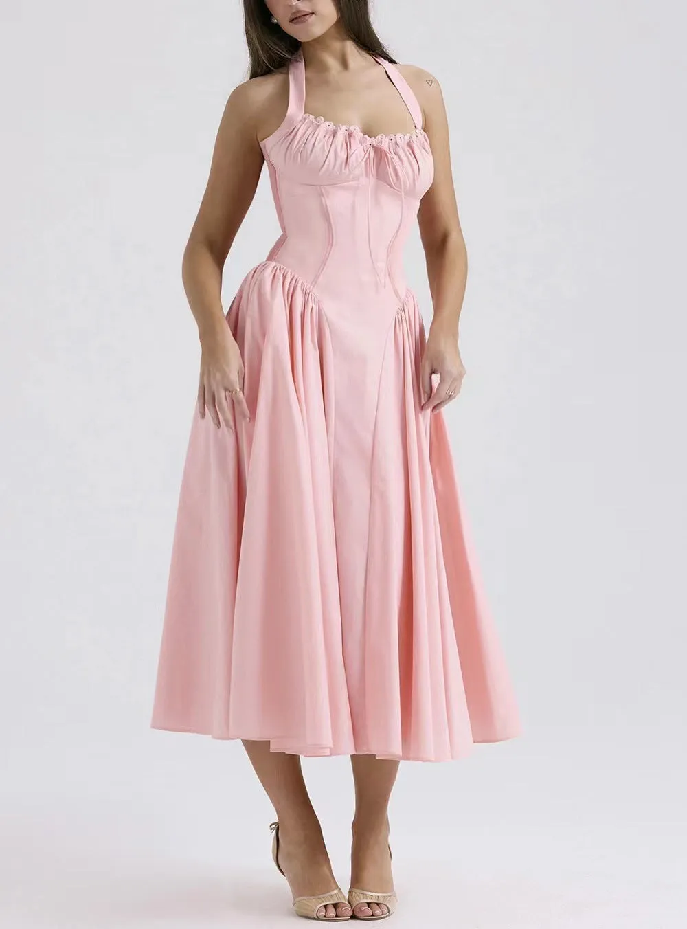 Womens Halter Neck Dress  Slim Fit  Gathered Bodice  Backless  Midi Flared Skirt