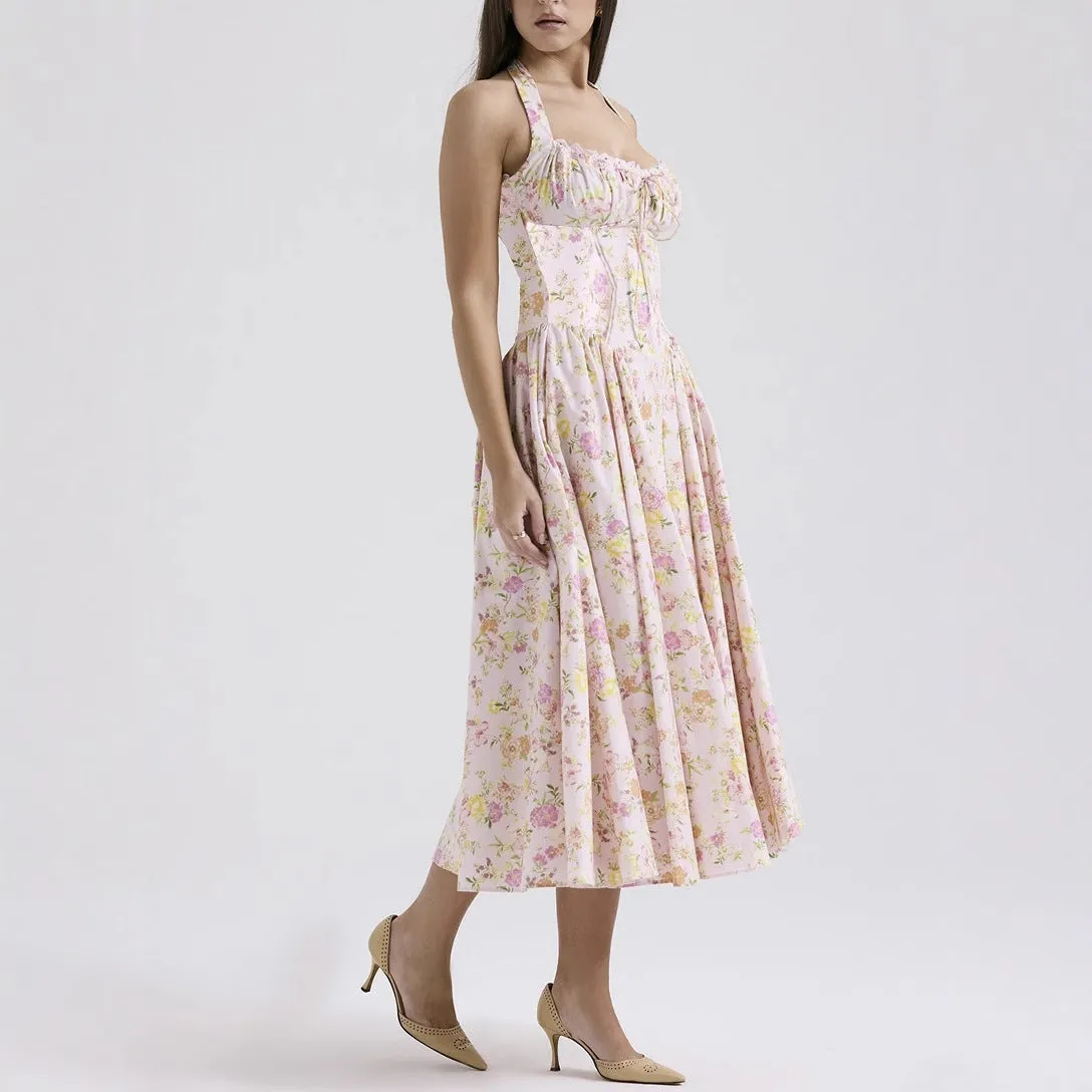 Womens Halter Neck Dress  Slim Fit  Gathered Bodice  Backless  Midi Flared Skirt