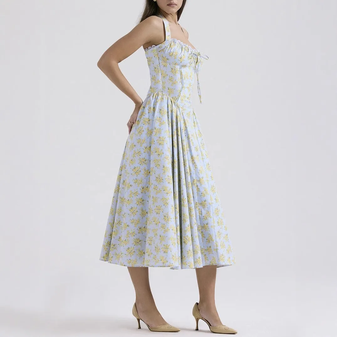 Womens Halter Neck Dress  Slim Fit  Gathered Bodice  Backless  Midi Flared Skirt