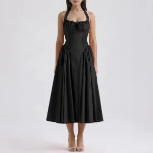 Womens Halter Neck Dress  Slim Fit  Gathered Bodice  Backless  Midi Flared Skirt